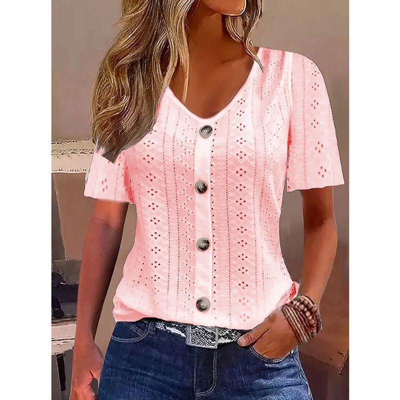 Women’s Jacquard V-Neck Button T-Shirt – Short Sleeve Casual Top women-tshirt AllTrendMart Pink S