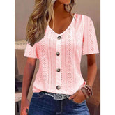 Women’s Jacquard V-Neck Button T-Shirt – Short Sleeve Casual Top women-tshirt AllTrendMart Pink S