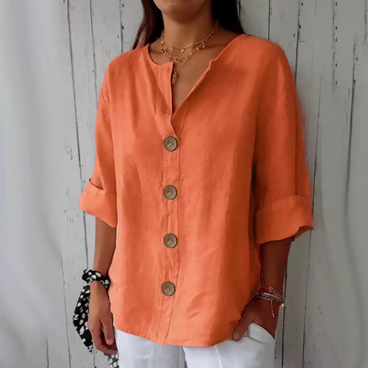 Women’s V-Neck Button T-Shirt – Loose Fit Long Sleeve Casual Top women-tshirt AllTrendMart