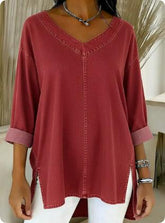 Women’s Denim-Look V-Neck Long Sleeve T-Shirt – Casual Soft Top women-tshirt AllTrendMart Red S
