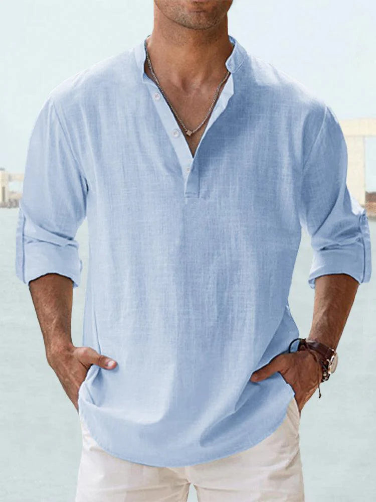 Men’s Cotton Linen Long Sleeve Shirt – Casual Stand Collar Loose Fit Top men-tshirt AllTrendMart