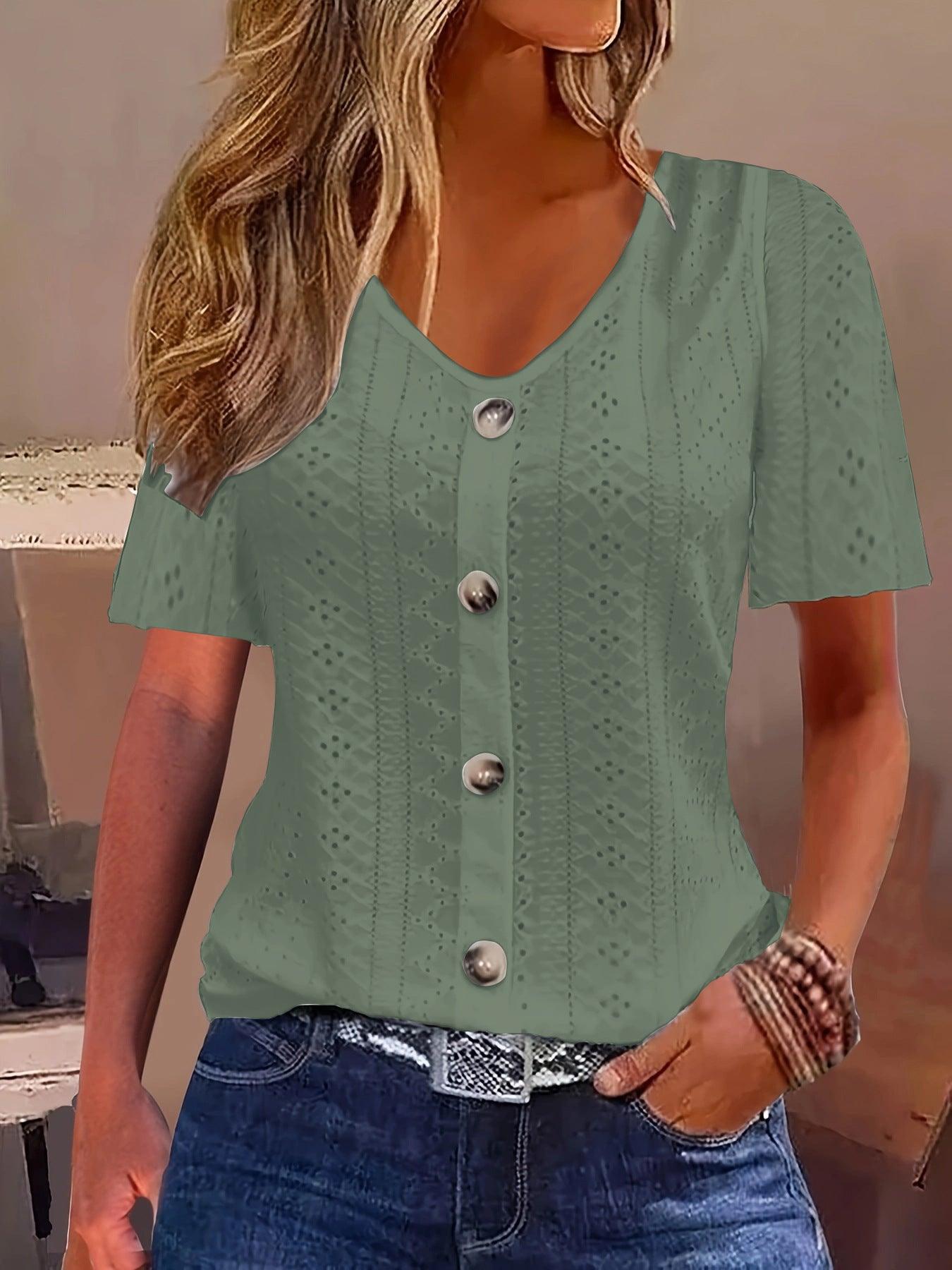 Women’s Jacquard V-Neck Button T-Shirt – Short Sleeve Casual Top women-tshirt AllTrendMart Green S