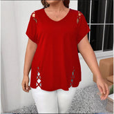 Women’s Plus Size Criss Cross V-Neck T-Shirt – Short Sleeve Casual Top women-tshirt AllTrendMart Red 2XL
