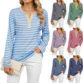Women’s Striped V-Neck Long Sleeve T-Shirt – Loose Fit Casual Top women-tshirt AllTrendMart