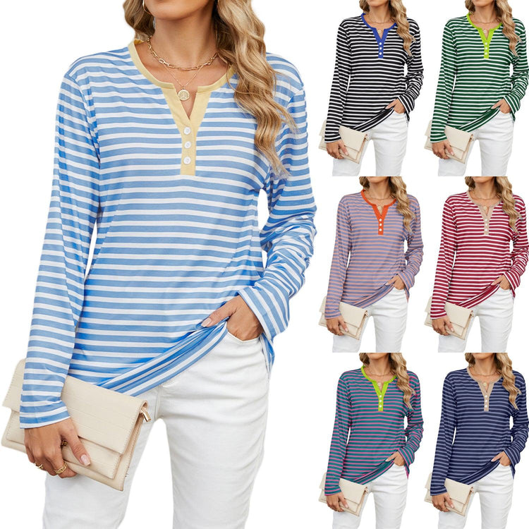 Women’s Striped V-Neck Long Sleeve T-Shirt – Loose Fit Casual Top women-tshirt AllTrendMart