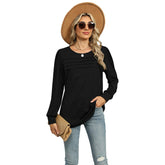 Women’s Pleated Long Sleeve Top – U-Neck Casual Solid Color T-Shirt women-tshirt AllTrendMart Black S