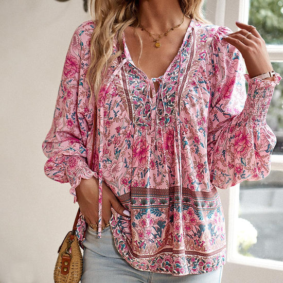 Women’s Printed V-Neck Long Sleeve T-Shirt – Casual Soft Tee women-tshirt AllTrendMart