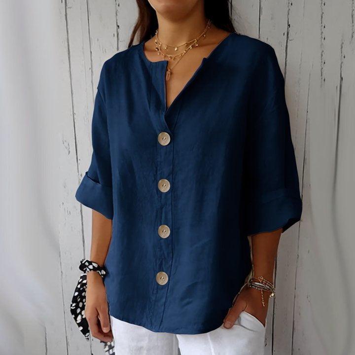 Women’s V-Neck Button T-Shirt – Loose Fit Long Sleeve Casual Top women-tshirt AllTrendMart Dark Blue S