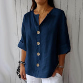 Women’s V-Neck Button T-Shirt – Loose Fit Long Sleeve Casual Top women-tshirt AllTrendMart Dark Blue S