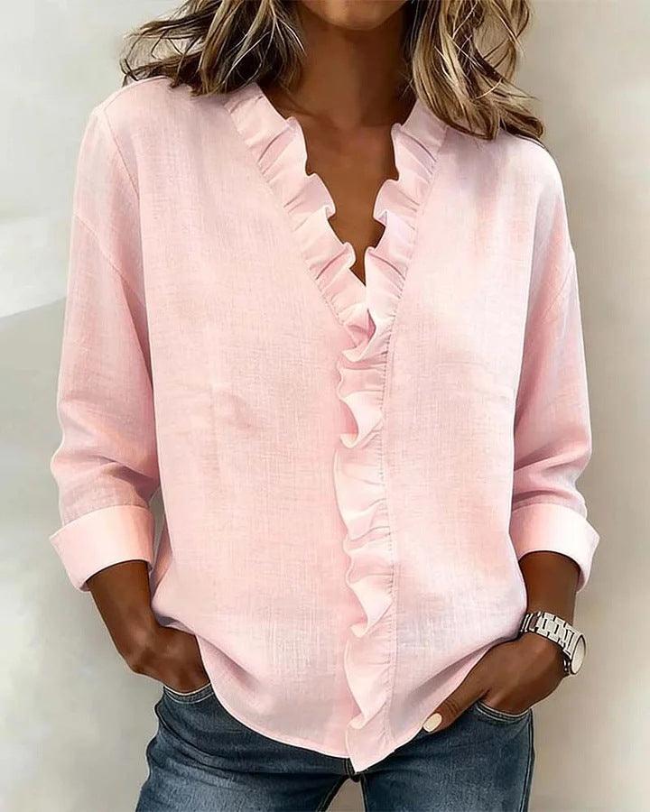 Women’s Ruffled Long Sleeve T-Shirt – Asymmetrical Casual Stylish Top women-tshirt AllTrendMart Pink S