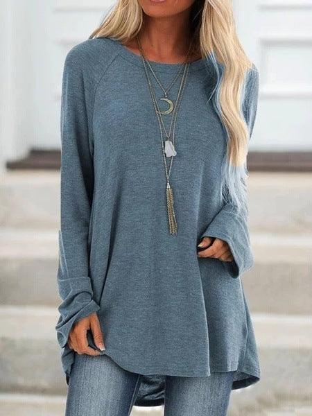 Women’s Loose Long Sleeve T-Shirt – Round Neck Casual Pullover Top women-tshirt AllTrendMart Blue S