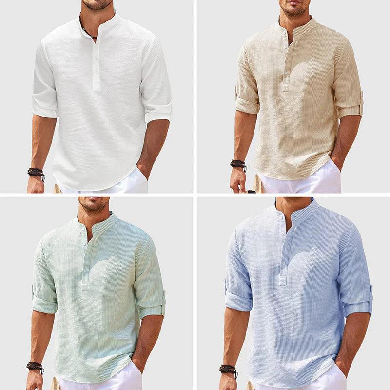 Men’s Stand Collar Long Sleeve Shirt – Casual Loose Fit Solid Color Top men-tshirt AllTrendMart