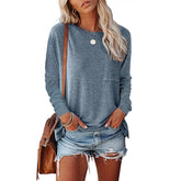 Women’s Long Sleeve Pocket T-Shirt – Cotton Blend Casual Split Hem Top women-tshirt AllTrendMart Blue grey S