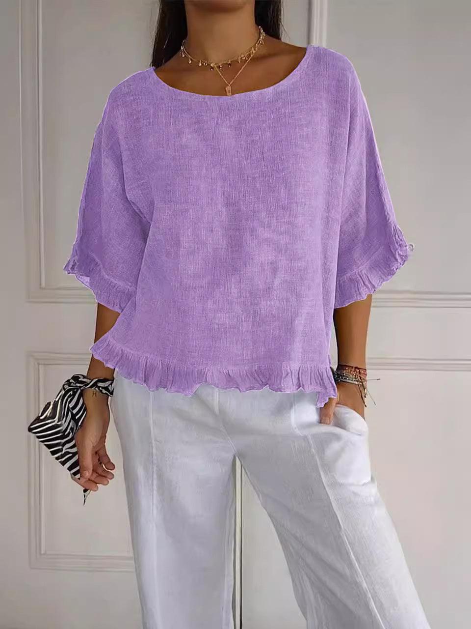 Women’s Ruffle Sleeve T-Shirt – Cotton Casual Short Sleeve Top women-tshirt AllTrendMart Purple S