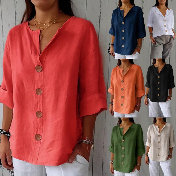 Women’s V-Neck Button T-Shirt – Loose Fit Long Sleeve Casual Top women-tshirt AllTrendMart