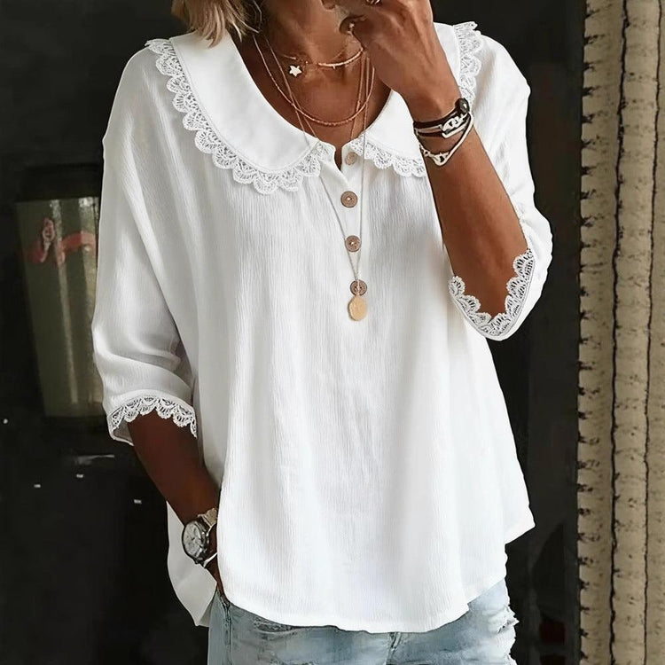 Women’s Lace Collar Button-Up T-Shirt – Casual Longline Solid Color Top women-tshirt AllTrendMart