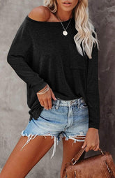 Women’s Long Sleeve Pocket T-Shirt – Cotton Blend Casual Split Hem Top women-tshirt AllTrendMart