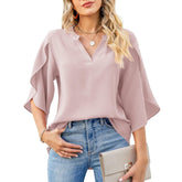 Women’s Petal Sleeve V-Neck T-Shirt – Loose Casual Chiffon Top women-tshirt AllTrendMart Pink S