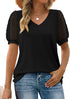 Women’s V-Neck Puff Sleeve T-Shirt – Casual Loose Fit Summer Top women-tshirt AllTrendMart Black S