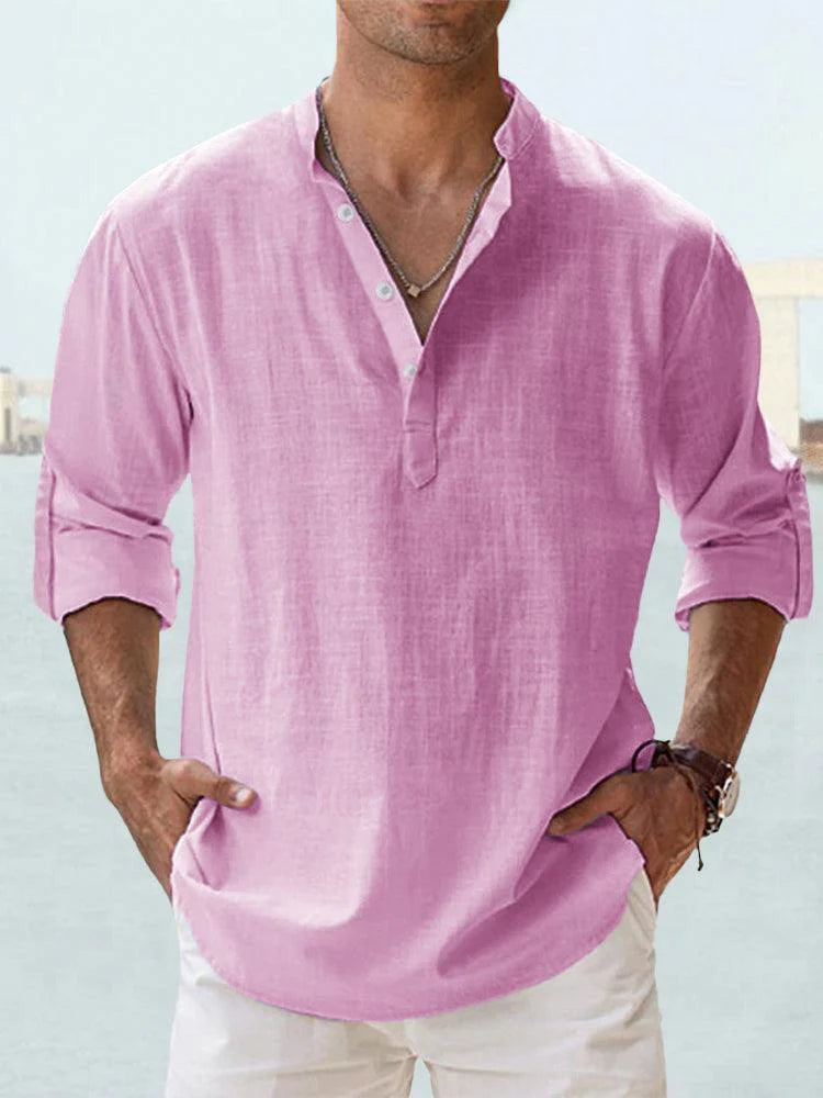 Men’s Cotton Linen Long Sleeve Shirt – Casual Stand Collar Loose Fit Top men-tshirt AllTrendMart