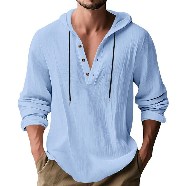 Men’s Hooded Long Sleeve T-Shirt – Lightweight Linen Casual Hoodie men-tshirt AllTrendMart Light Blue S