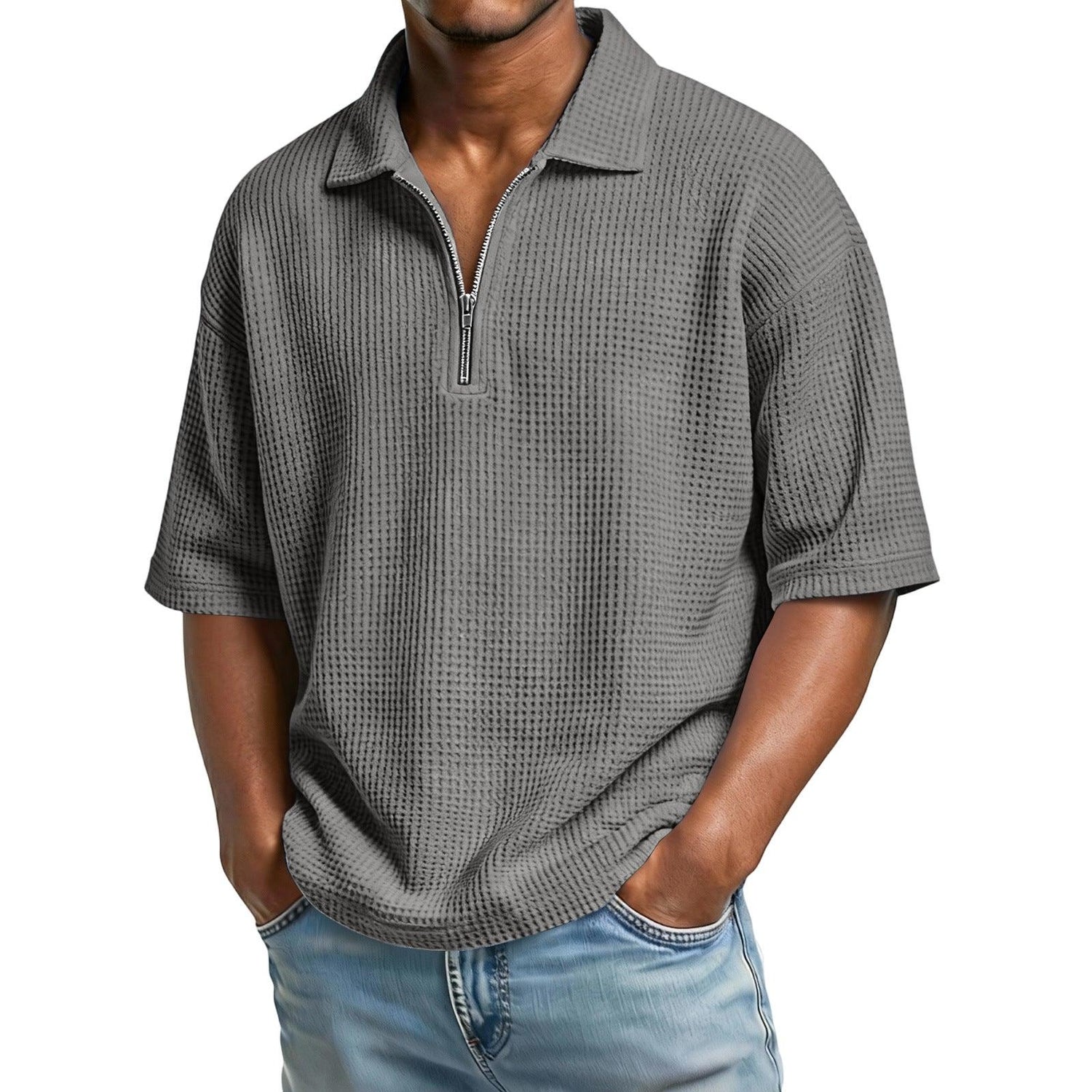 Men’s Waffle Knit Polo T-Shirt – Short Sleeve Breathable Summer Tee men-tshirt AllTrendMart Gray S