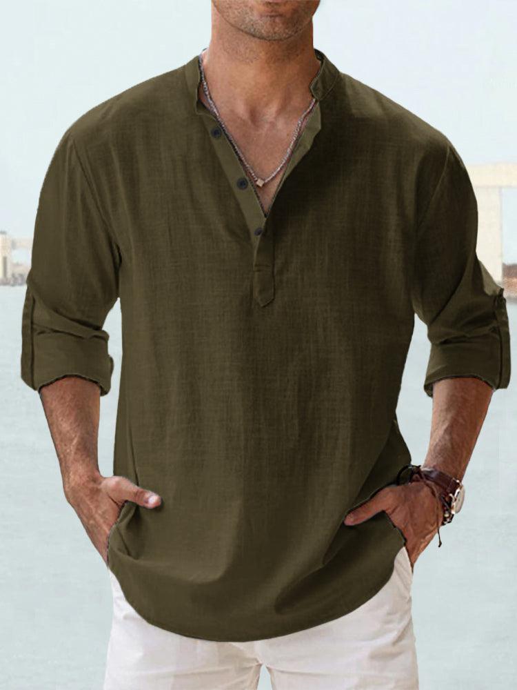 Men’s Cotton Linen Long Sleeve Shirt – Casual Stand Collar Loose Fit Top men-tshirt AllTrendMart Army Green XS