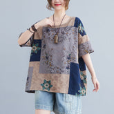 Ethnic Style Loose Round Neck Print Short Sleeve T-shirt women-tshirt AllTrendMart Greyish Purple XL
