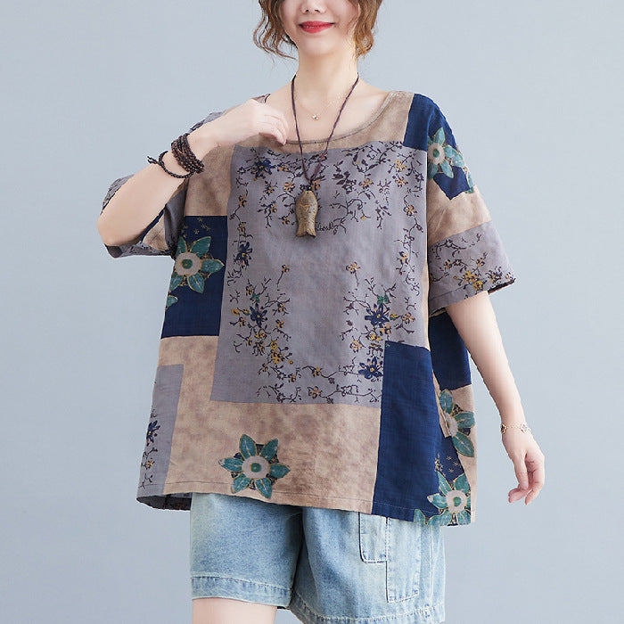 Ethnic Style Loose Round Neck Print Short Sleeve T-shirt women-tshirt AllTrendMart Greyish Purple XL
