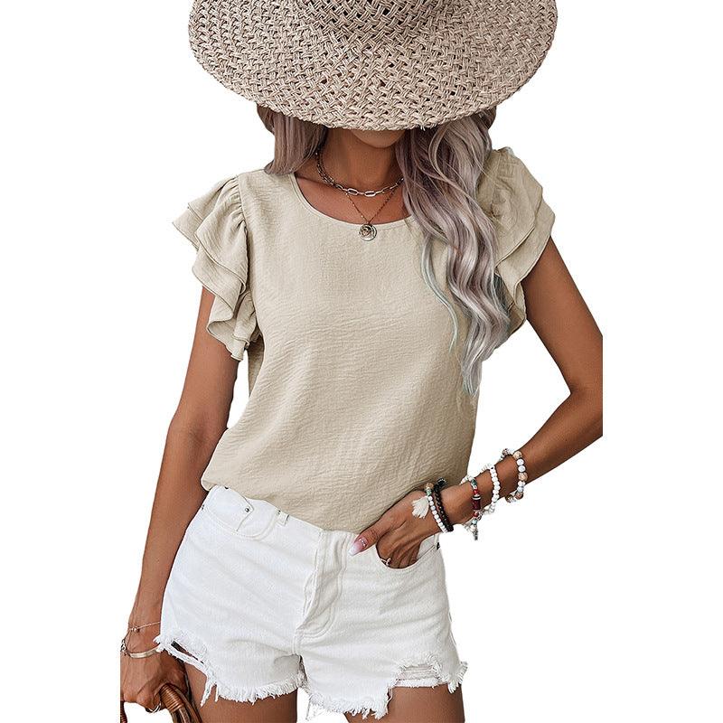 Women’s Petal Sleeve T-Shirt – Loose Fit Casual Summer Top women-tshirt AllTrendMart Light Khaki S