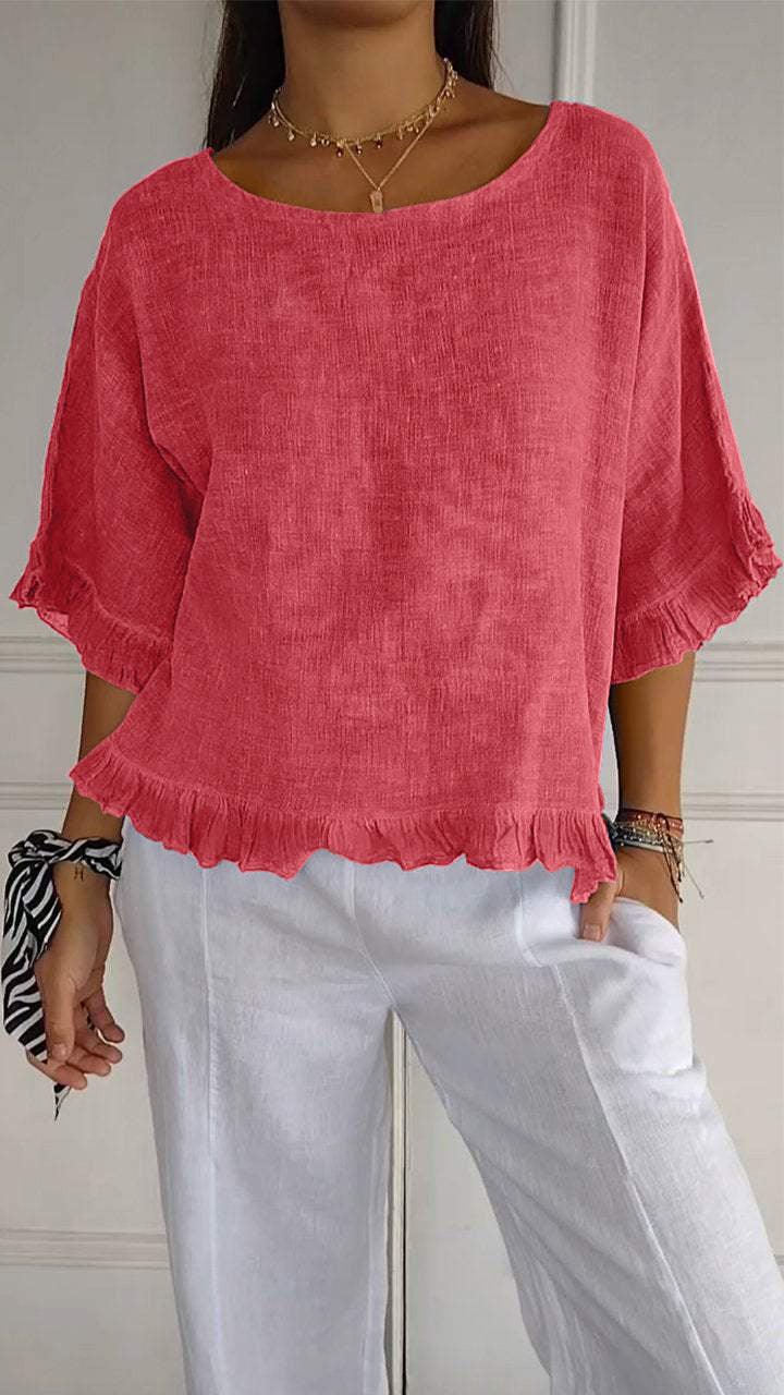 Women’s Ruffle Sleeve T-Shirt – Cotton Casual Short Sleeve Top women-tshirt AllTrendMart Watermelon Red S