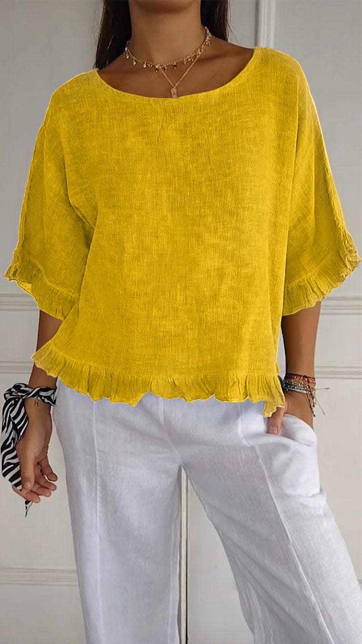 Women’s Ruffle Sleeve T-Shirt – Cotton Casual Short Sleeve Top women-tshirt AllTrendMart Yellow S