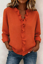 Women’s Ruffled Long Sleeve T-Shirt – Asymmetrical Casual Stylish Top women-tshirt AllTrendMart Orange S