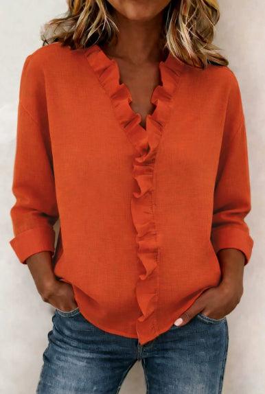 Women’s Ruffled Long Sleeve T-Shirt – Asymmetrical Casual Stylish Top women-tshirt AllTrendMart Orange S