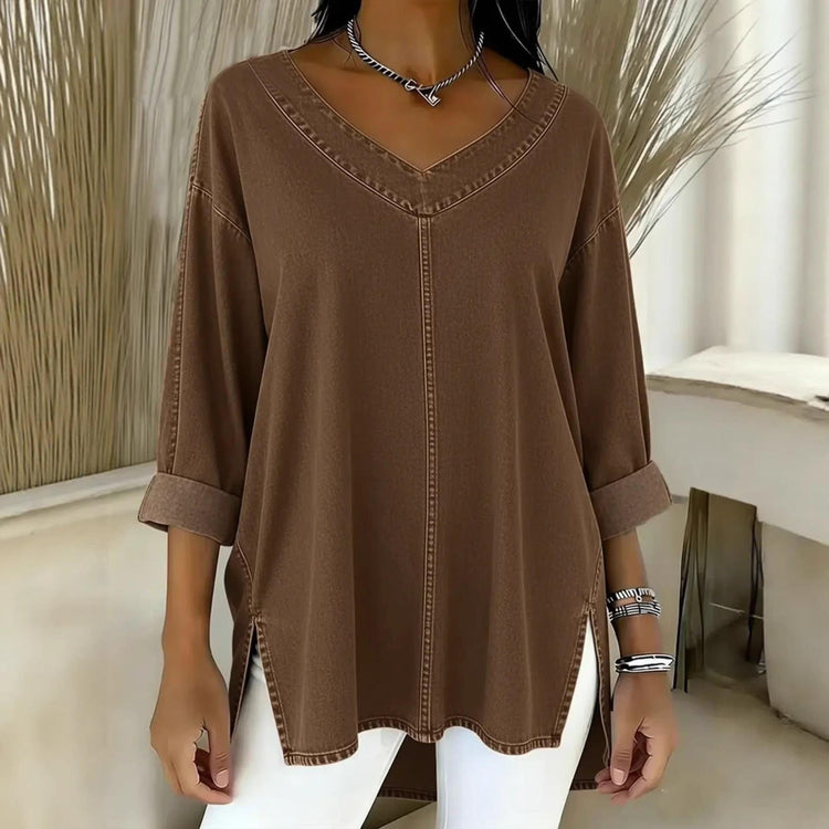 Women’s Denim-Look V-Neck Long Sleeve T-Shirt – Casual Soft Top women-tshirt AllTrendMart Brown S