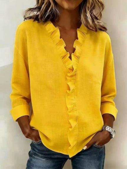 Women’s Ruffled Long Sleeve T-Shirt – Asymmetrical Casual Stylish Top women-tshirt AllTrendMart Yellow S