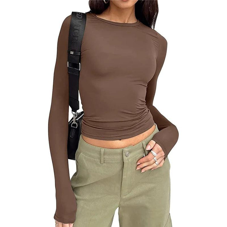 Women’s Slim Fit Long Sleeve T-Shirt – Casual Stretch Basic Top women-tshirt AllTrendMart Brown XS