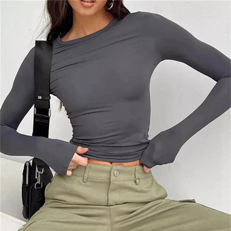 Women’s Slim Fit Long Sleeve T-Shirt – Casual Stretch Basic Top women-tshirt AllTrendMart Dark Grey XS