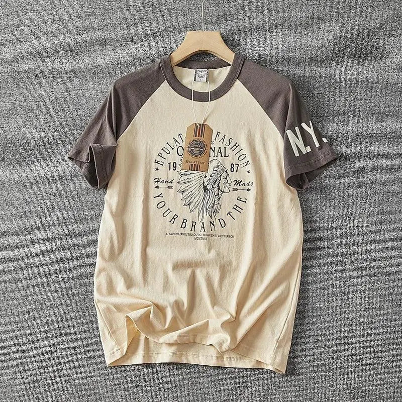 Men’s Washed Vintage Graphic T-Shirt – Retro Cotton Casual Tee men-tshirt AllTrendMart Dark Brown & Beige M