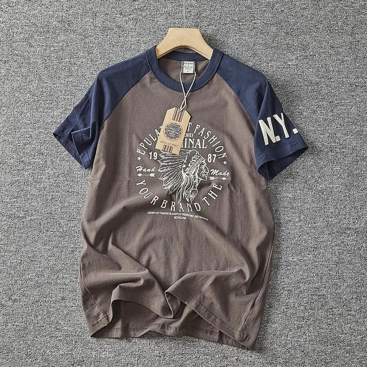 Men’s Washed Vintage Graphic T-Shirt – Retro Cotton Casual Tee men-tshirt AllTrendMart Navy Blue & Light Brown M