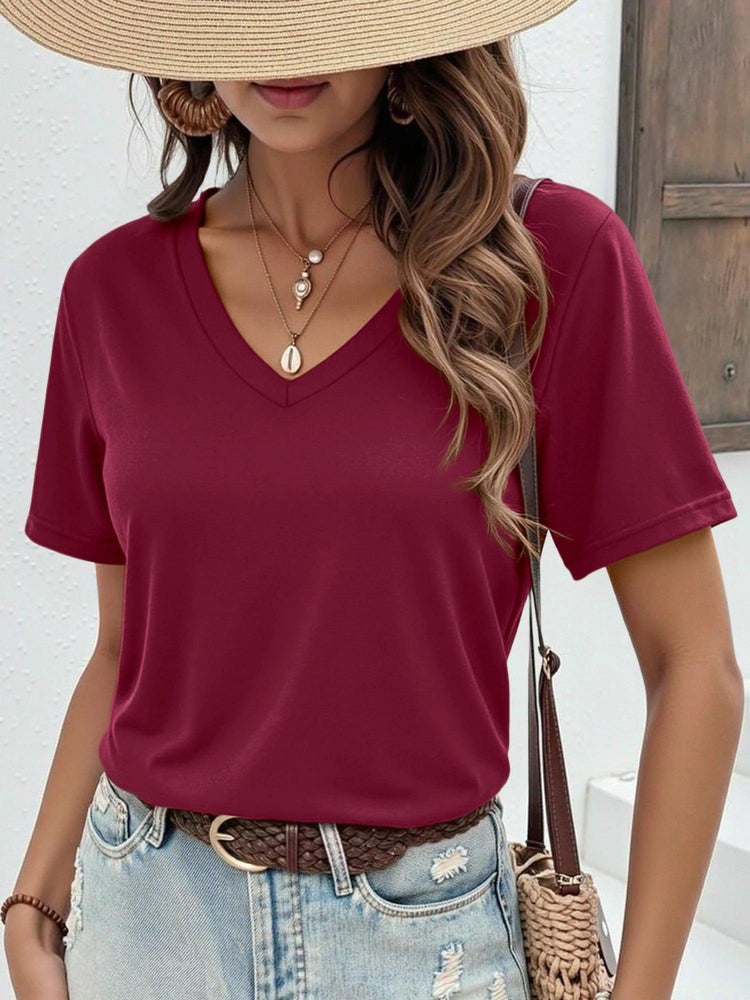 Women’s V-Neck T-Shirt – Soft Stretch Short Sleeve Casual Basic Tee women-tshirt AllTrendMart Wine Red S