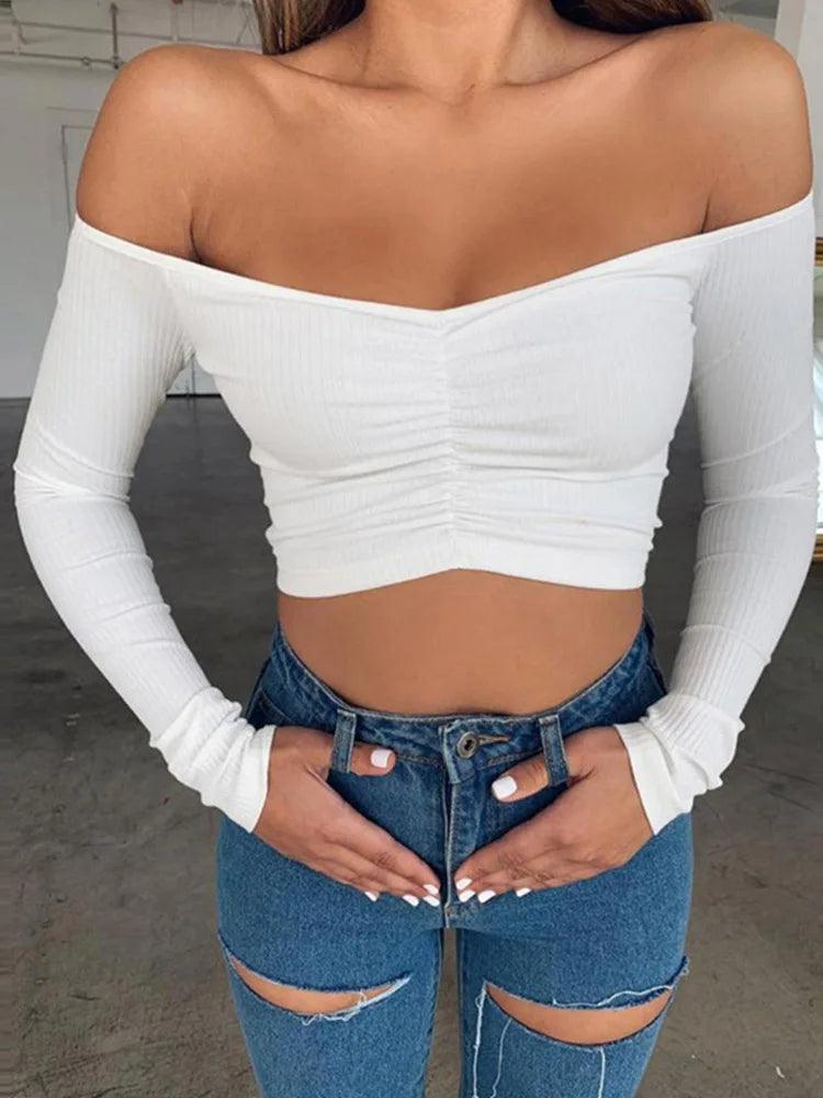 Women’s Off Shoulder Long Sleeve T-Shirt – Slim Fit Clubwear Top women-tshirt AllTrendMart