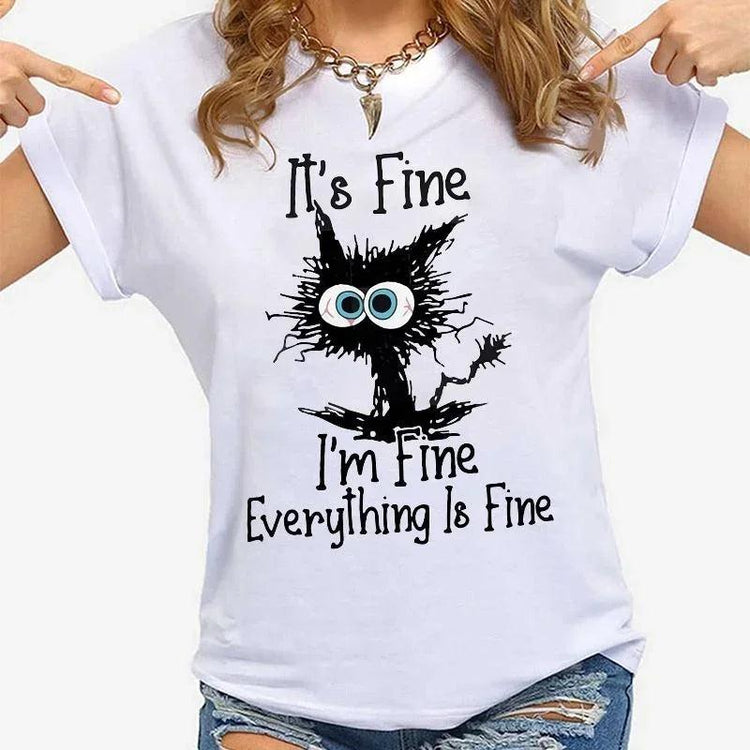 Women’s Graphic T-Shirt – “It’s Fine I’m Fine” Cat Print Casual Tee women-tshirt AllTrendMart White S