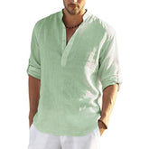 Men’s Cotton Linen T-Shirt – Casual Loose Long Sleeve Stand Collar Top men-tshirt AllTrendMart Green US S 50-60 KG