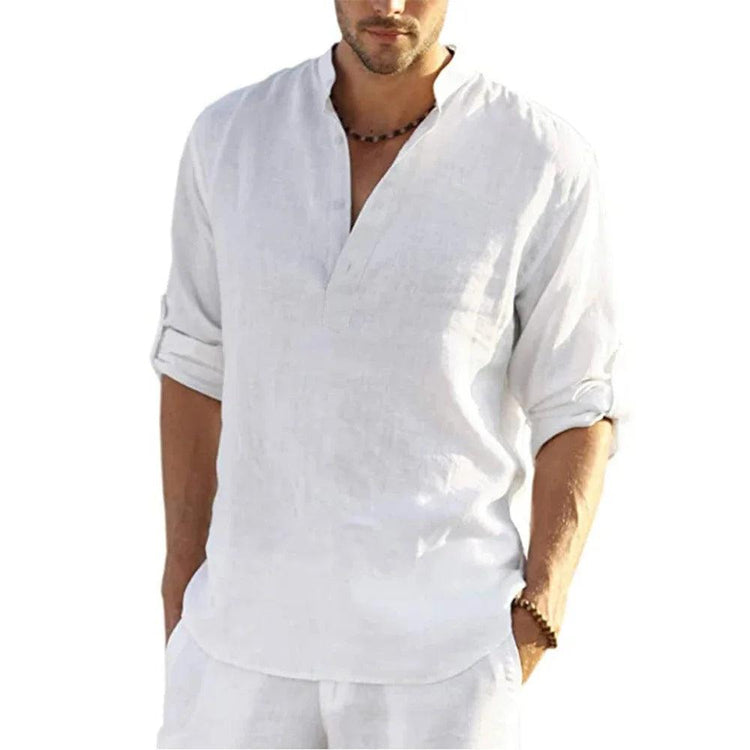 Men’s Cotton Linen T-Shirt – Casual Loose Long Sleeve Stand Collar Top men-tshirt AllTrendMart