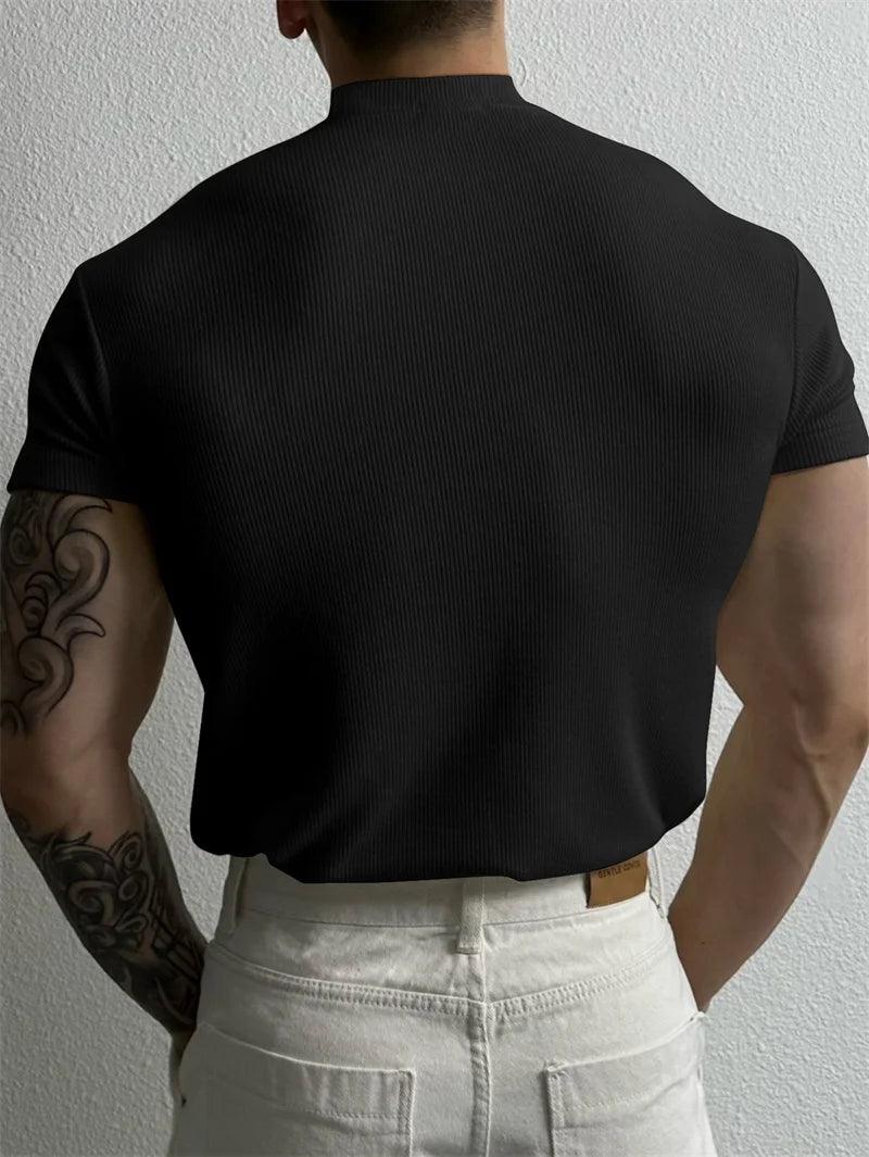 Men’s Striped Short Sleeve T-Shirt – High Collar Casual Fitness Top men-tshirt AllTrendMart