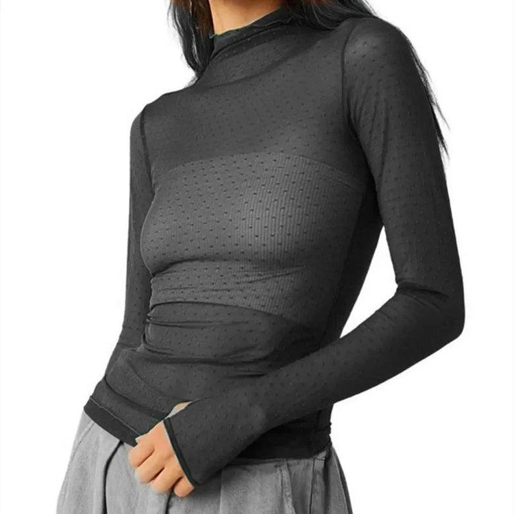 Women’s Sheer Mesh Turtleneck Top – Slim Fit Long Sleeve Clubwear women-tshirt AllTrendMart Black S