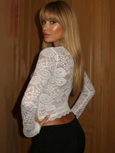 Women’s Sheer Lace Floral Crop T-Shirt – Square Neck Long Sleeve Party Top women-tshirt AllTrendMart