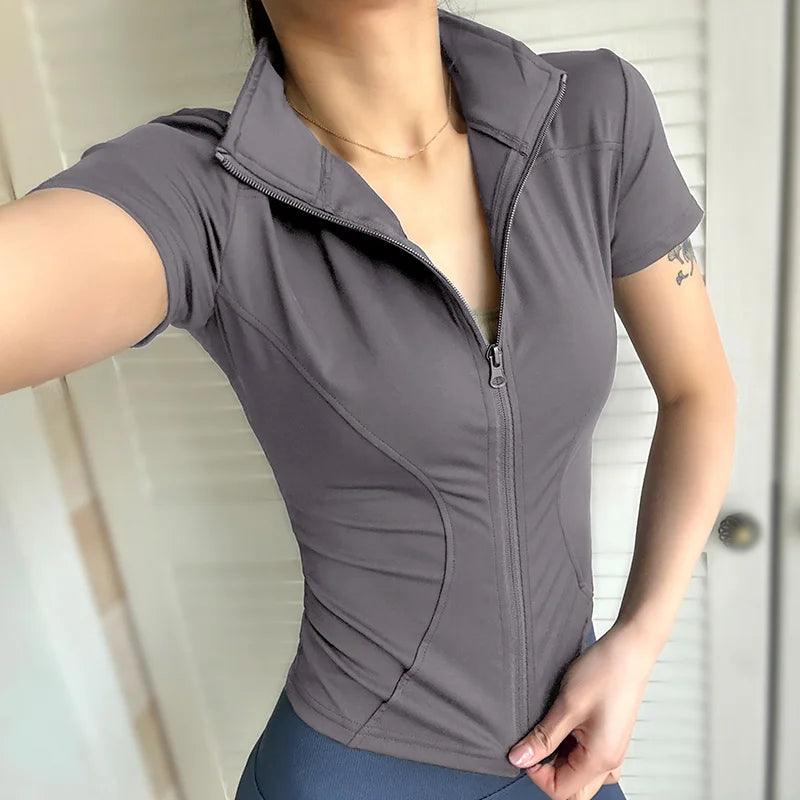 Women’s Zip-Up Workout T-Shirt – Slim Fit Quick-Dry Short Sleeve Gym Top women-tshirt AllTrendMart Gray S