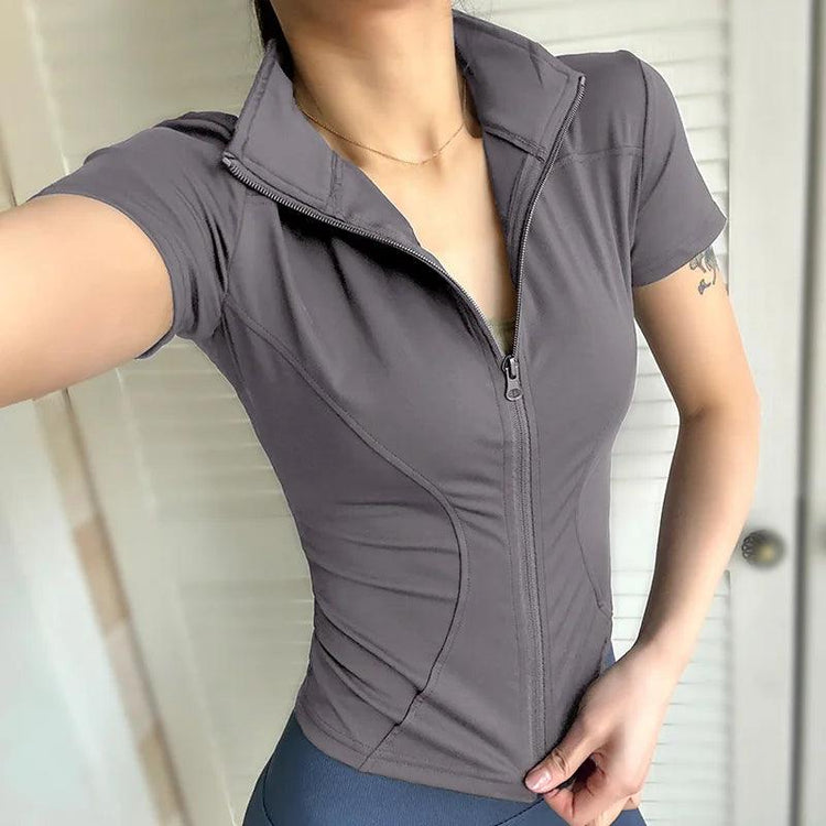 Women’s Zip-Up Workout T-Shirt – Slim Fit Quick-Dry Short Sleeve Gym Top women-tshirt AllTrendMart Gray S